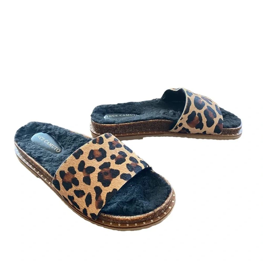 Vince Camuto leopard print Leo haircalf black fur slip on slide sandal 7